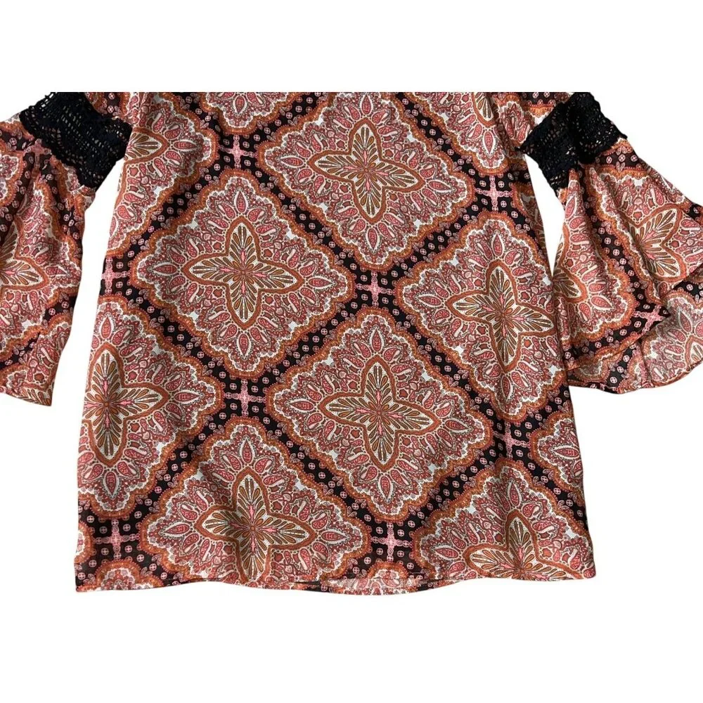 Paper Crane Anthropologie M Fairy Boho Mini Dress Orange Paisley Bell Sleeves - Picture 3 of 6